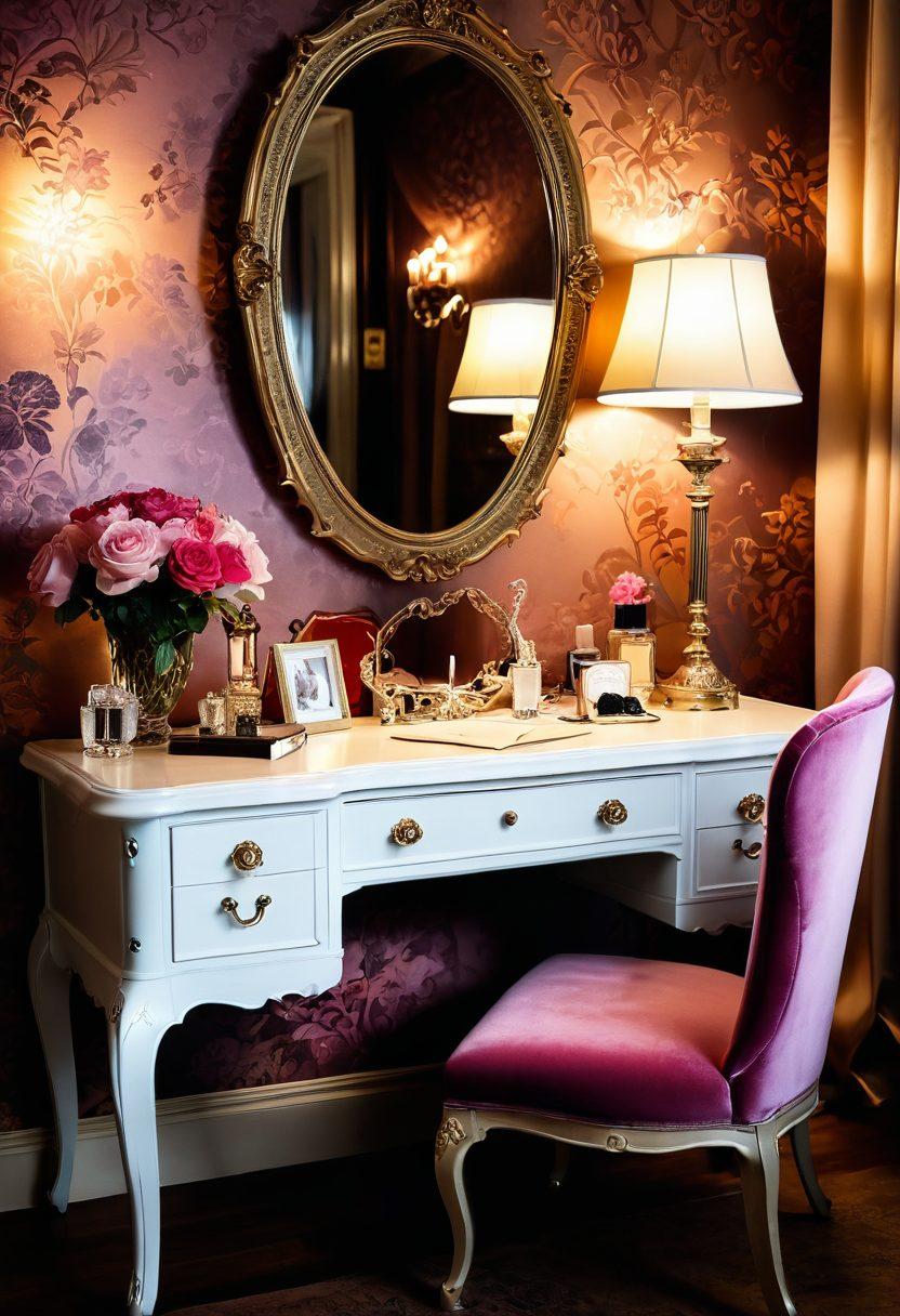 A lavish display of luxurious lingerie on an opulent vintage dressing table, adorned with rich fabrics like silk and lace, surrounded by soft candlelight creating an intimate atmosphere. The background features elegant floral wallpaper and a plush velvet chair, adding to the allure of high-end fashion. Delicate accessories like jewelry and perfumes enhance the luxurious vibe. warm tones, soft focus, romantic. super-realistic. vibrant colors.