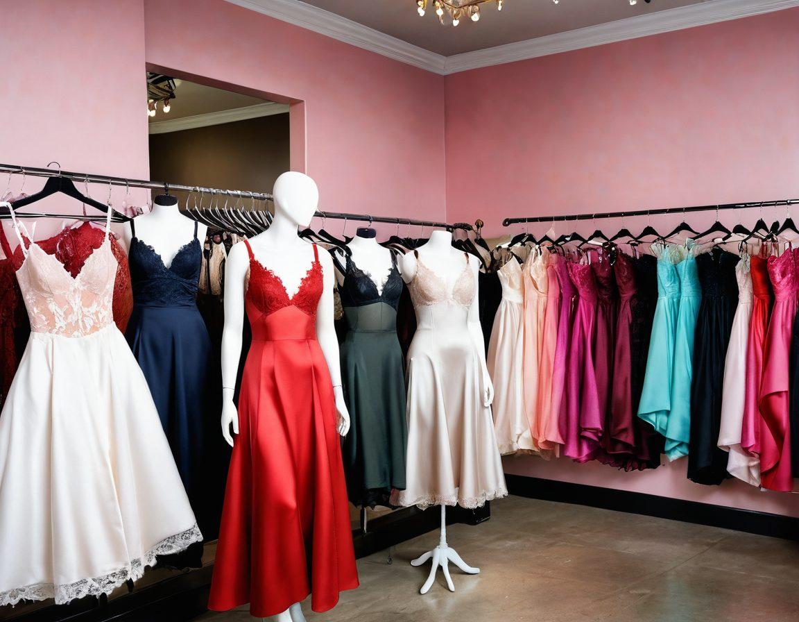 A stylish boutique filled with diverse lingerie styles ranging from chic to sultry, featuring confident women of different body types trying on various pieces. Soft lighting creates an intimate atmosphere, while elegant decorations enhance the allure. Include an array of colors and textures, from delicate lace to bold satin. The women express various emotions - confidence, playfulness, and allure. vibrant colors. soft focus. modern chic.